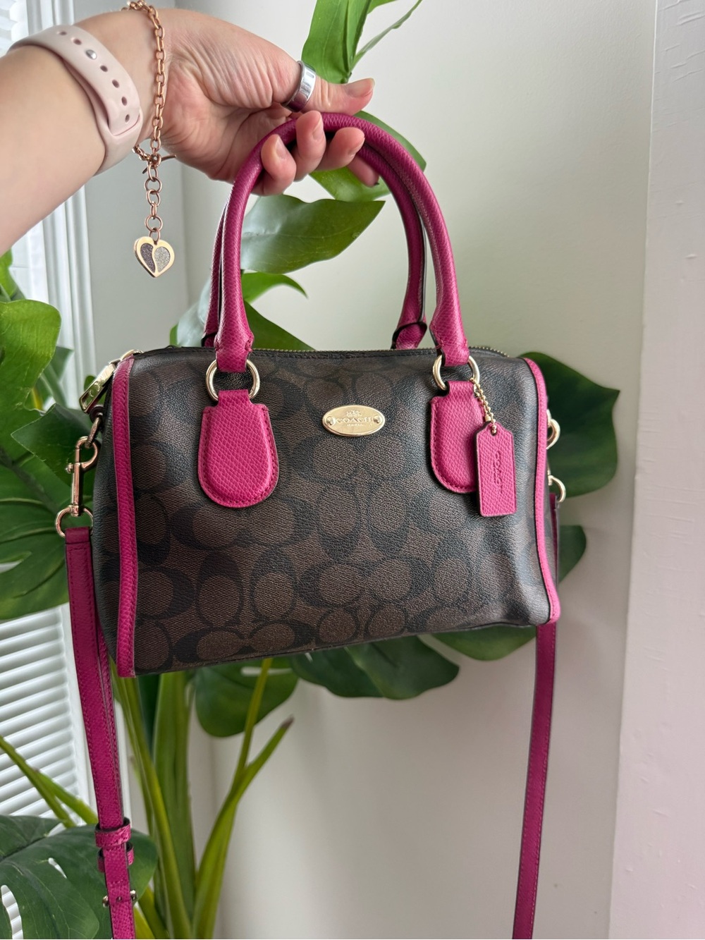 Coach Brown Signature Satchel with Pink Leather Trim